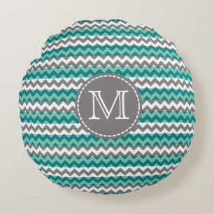 Almofada Redonda Turquesa e Cinza Chevron Zigzag Monograma