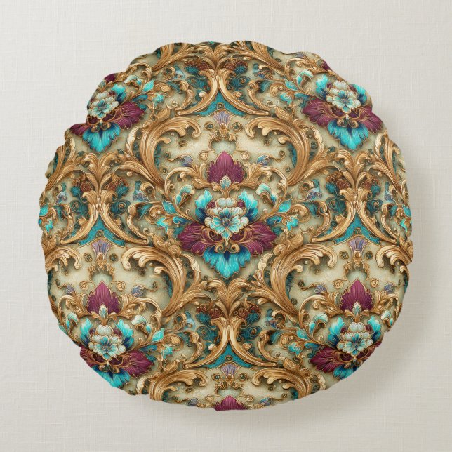 Almofada Redonda Turquesa e Ouro Damask Ornamentado (Frente)