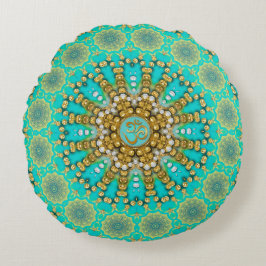 Almofada Redonda Turquoise Aqua Dourada Bohemian Mandala OM Yoga