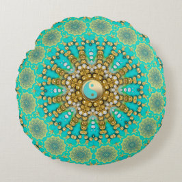 Almofada Redonda Turquoise Aqua Dourada Yin Yang Beachy Mandala