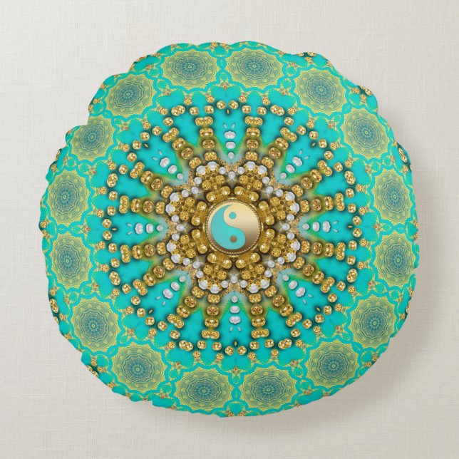 Almofada Redonda Turquoise Aqua Dourada Yin Yang Beachy Mandala (Frente)