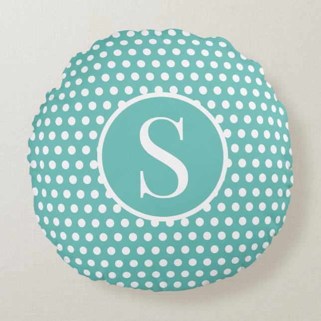 Almofada Redonda Turquoise - Bolinhas inicial personalizada (Frente)