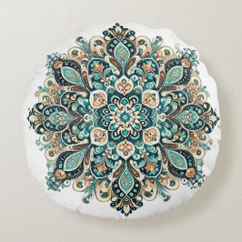 Almofada Redonda Turquoise Paisley Mandala com Destaques Dourados 1