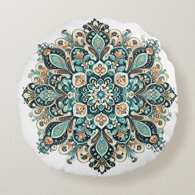 Almofada Redonda Turquoise Paisley Mandala com Destaques Dourados 1 (Frente)