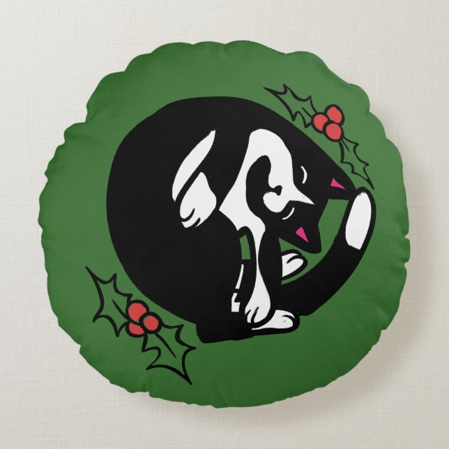 Almofada Redonda Tuxedo Cat Christmas (Frente)
