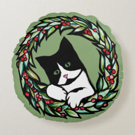 Almofada Redonda Tuxedo Cat Christmas Yule Holiday Cats Catmas Art 