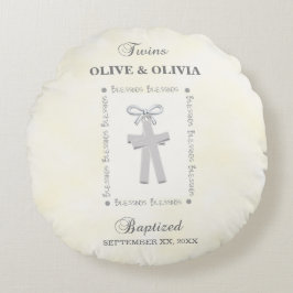 Almofada Redonda Twins Batismo em Amarelo 2 Cruzes Personalizado