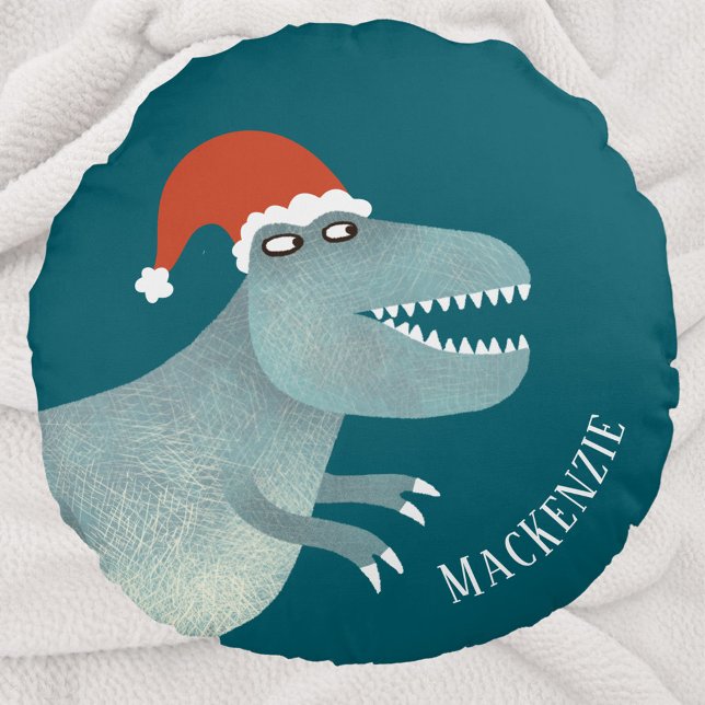 Almofada Redonda Tyrannosaurus Rex Christmas Santa Hat Personalizad (Tyrannosaurus Rex dinosaur in a Christmas Santa Hat personalized name pillow)