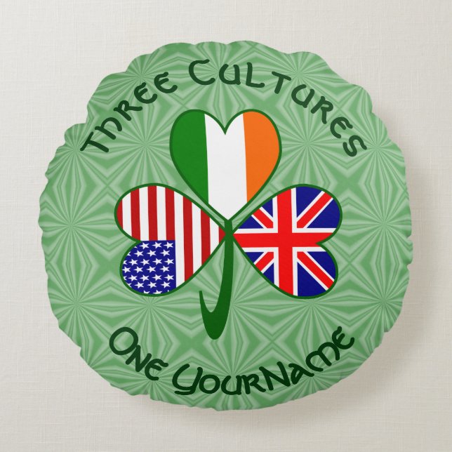 Almofada Redonda UK Ireland USA Flags Shamrock Personalizado (Frente)