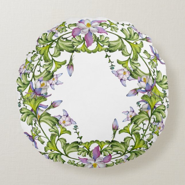 Almofada Redonda Um belo e delicado arranjo de flores de columbina (Frente)