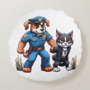 Almofada Redonda um cão de polícia e um gato malvado - humor