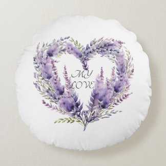 Almofada Redonda Um Coração de Lavanda. Padrão Roxo Floral