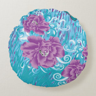 Almofada Redonda Um design têxtil vibrante com roxo e turq