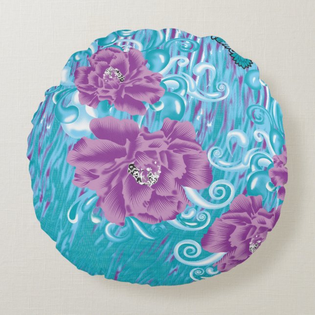 Almofada Redonda Um design têxtil vibrante com roxo e turq (Frente)