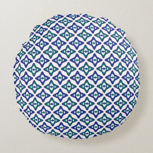Almofada Redonda um padrão azul e verde com fundo branco (Frente)