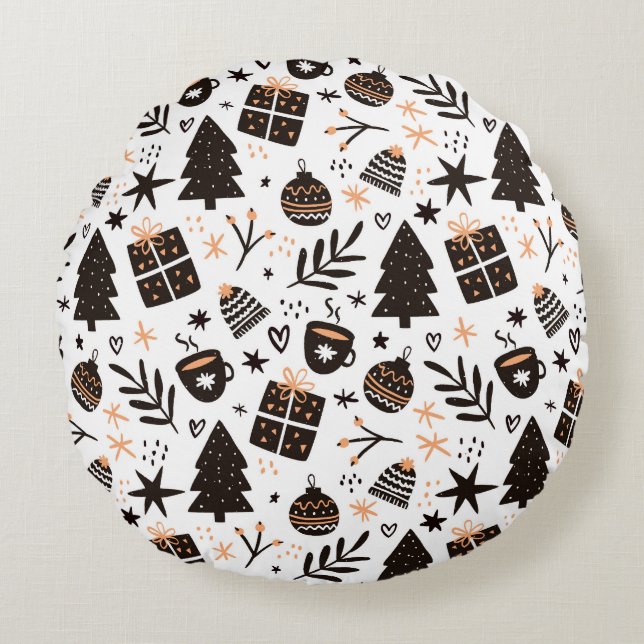 Almofada Redonda Um padrão de Natal preto e branco (Frente)