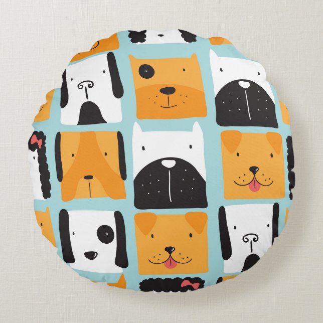 Almofada Redonda Um padrão perfeito com cães bonitos.  (Frente)