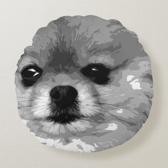 Almofada Redonda Um Pomeranian preto e branco (Frente)