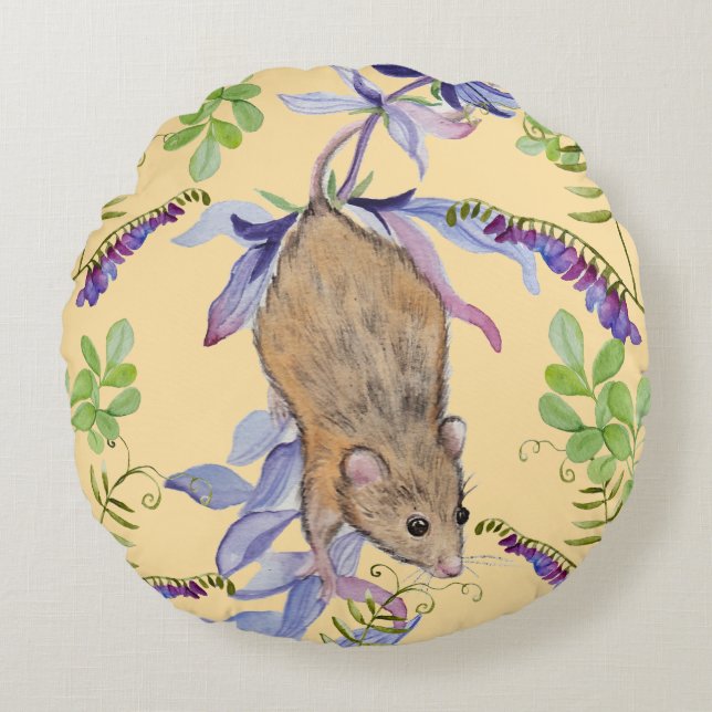 Almofada Redonda Um rato engraçado numa espessa de flores. (Frente)