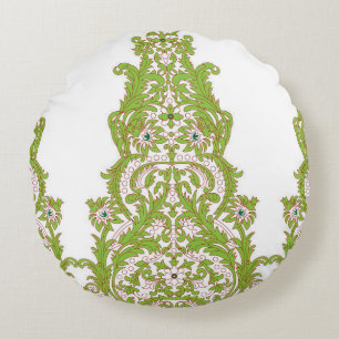Almofada Redonda um wallpaper verde e branco com designs de ornamen