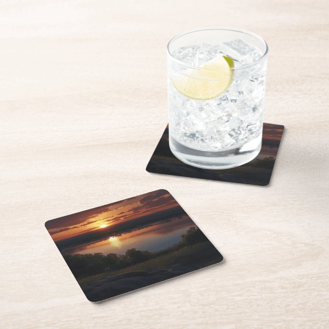 Almofada Redonda Uma bela paisagem de verão (Photorealistic Sunrise Square Paper Coaster )