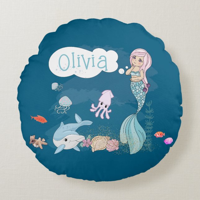 Almofada Redonda Under the Sea Sweet Mermaid Personalized (Frente)