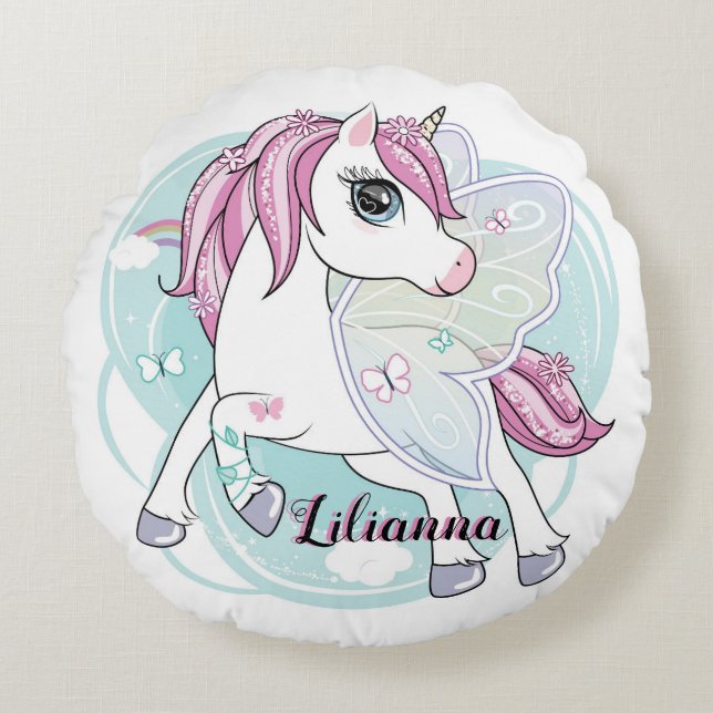 Almofada Redonda Unicórnio com Asas de Borboleta