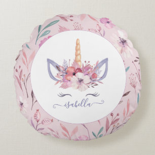 Almofada Redonda Unicórnio face design floral de aquarela