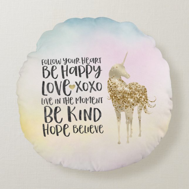 Almofada Redonda Unicórnio Inspirador em Aquarela Amarelo Rosa Água (Frente)