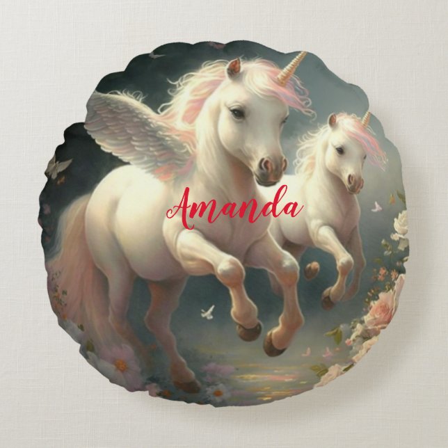 Almofada Redonda Unicórnios florais personalizados, pônei voador Th (Frente)
