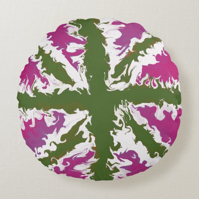 Almofada Redonda Union Jack Painted UK Art Pink and Green Decor (Frente)