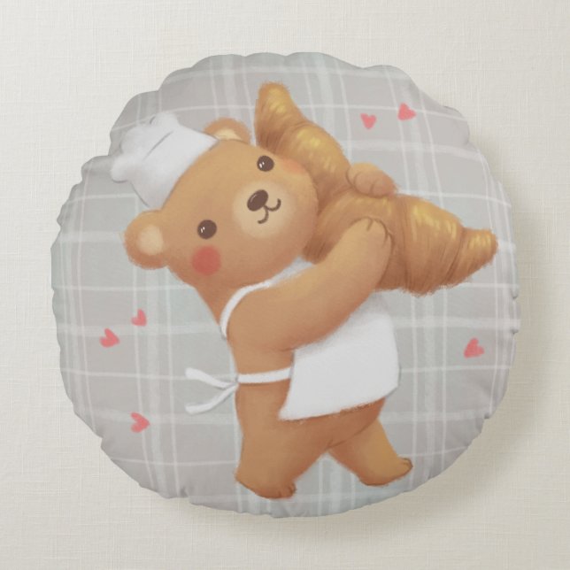 Almofada Redonda Ursinho o padeiro com o croissant (Frente)