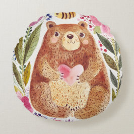 Almofada Redonda Urso com flores e abelha