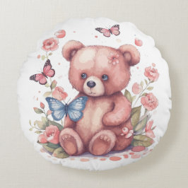 Almofada Redonda Urso da Borboleta de Aquarela