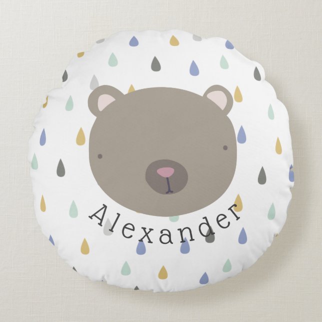 Almofada Redonda Urso de Cute de Nome Personalizável (Frente)
