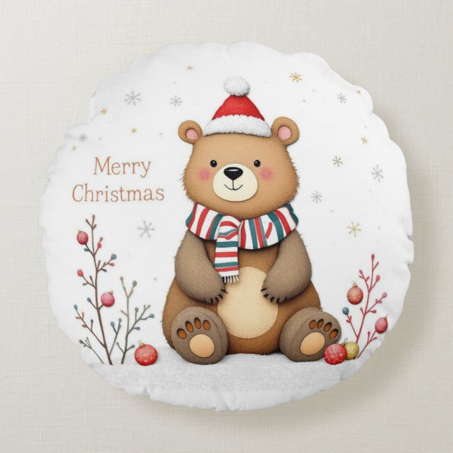 Almofada Redonda Urso de Natal (Frente)