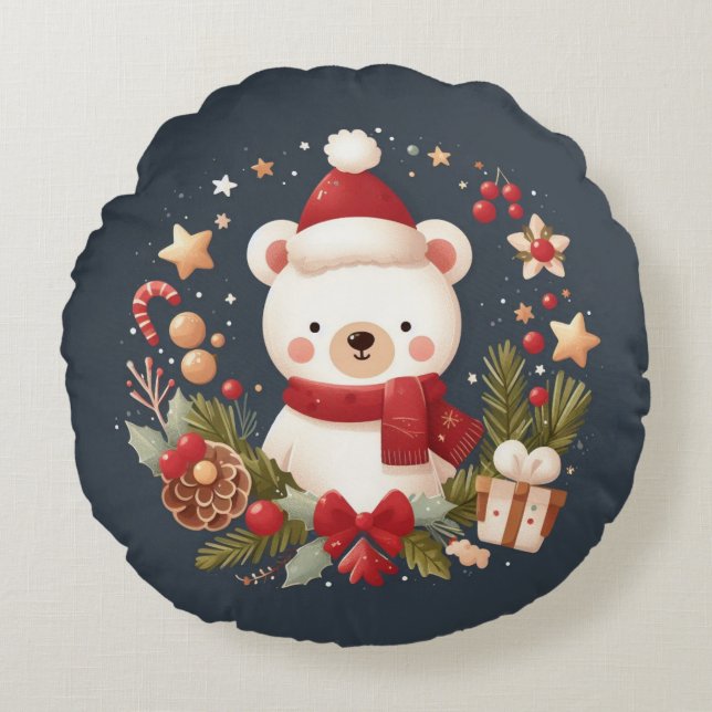 Almofada Redonda Urso de Natal/Inverno em coroa (Frente)