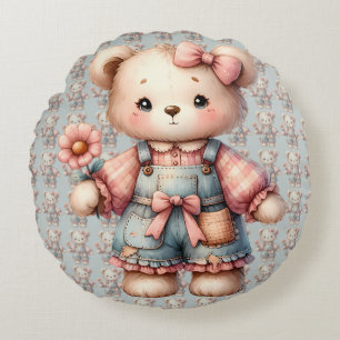 Almofada Redonda Urso de Pelúcia Pastel Usando Macacão e Segurando