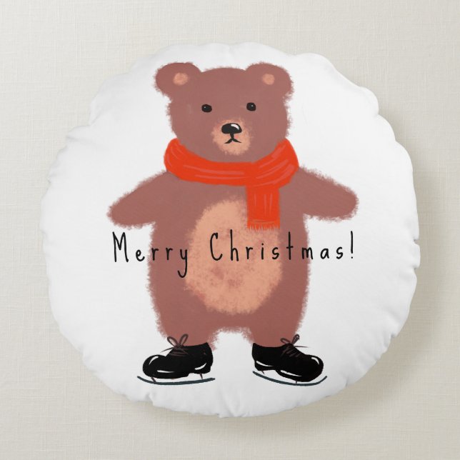 Almofada Redonda Urso engraçado nos skates de inverno (Frente)