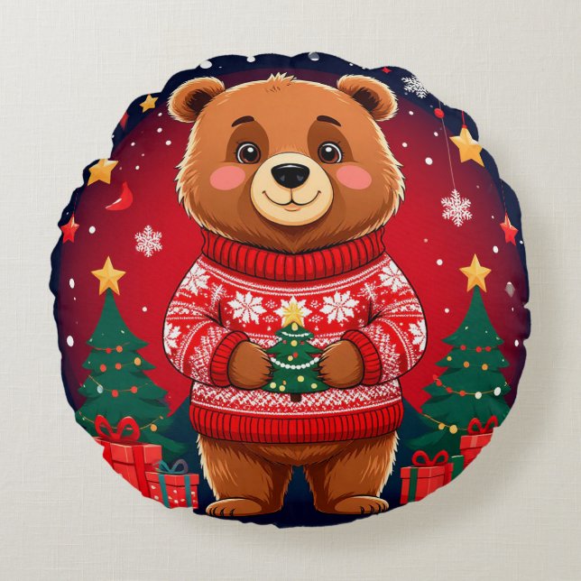 Almofada Redonda Urso Fofo de Suéter de Natal (Frente)