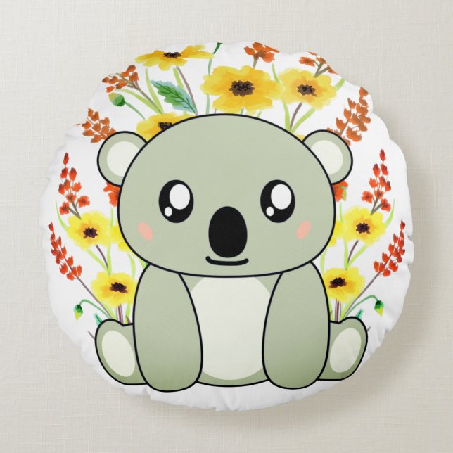 Almofada Redonda Urso Koala Bonito com Flores (Frente)
