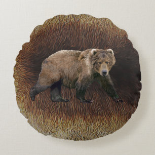 Almofada Redonda Urso Kodiak Com Peles De Caribe