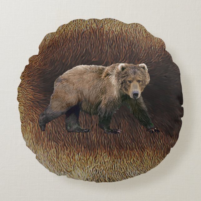 Almofada Redonda Urso Kodiak Com Peles De Caribe (Frente)