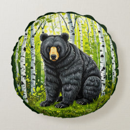 Almofada Redonda Urso Negro em uma Floresta de Bétulas
