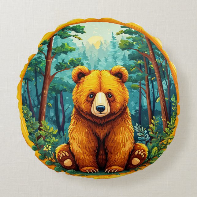 Almofada Redonda Urso Pardo em uma Floresta (Frente)
