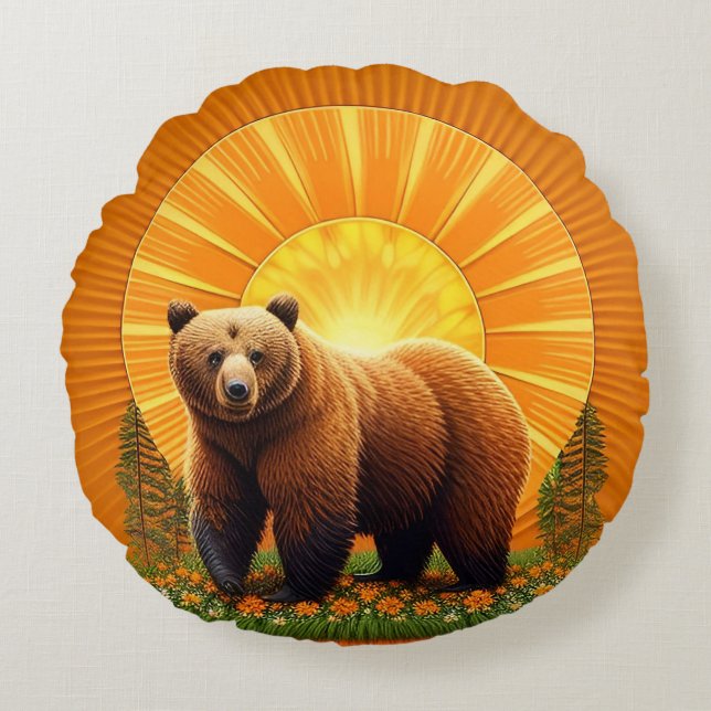 Almofada Redonda Urso Pardo Majestoso (Frente)