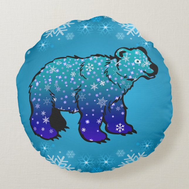 Almofada Redonda Urso Polar e Flocos de Neve (Verso)