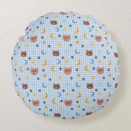 Almofada Redonda Urso Teddy Fofo e Padrão de Lua em Xadrez Azul