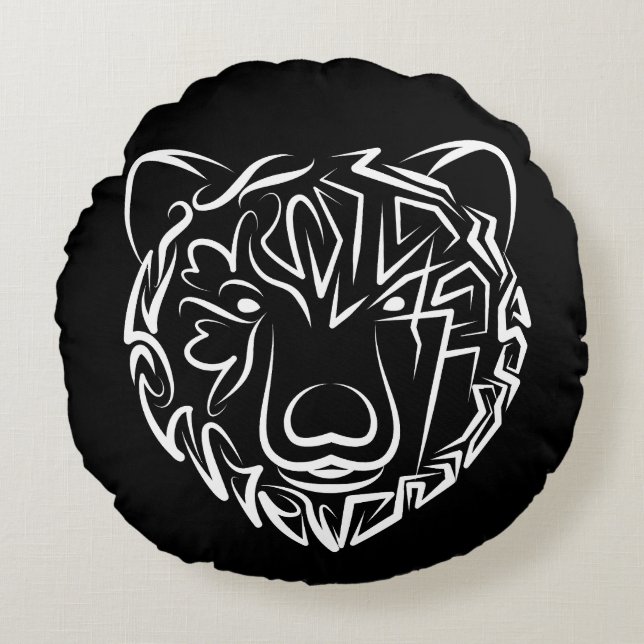 Almofada Redonda Urso Tribal Negro e Branco (Frente)