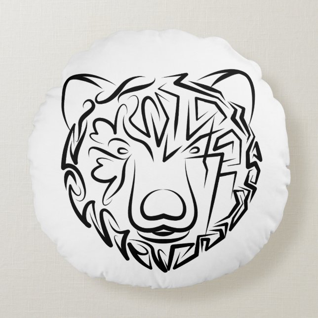Almofada Redonda Urso Tribal Negro e Branco (Frente)